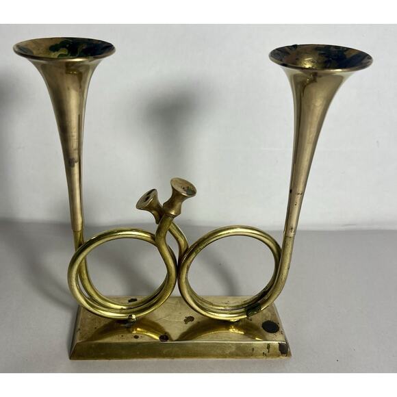 Brass Double Bugle Trumpet Horn Holiday Candlestick Holder Pedestal Music Lover - Picture 1 of 9